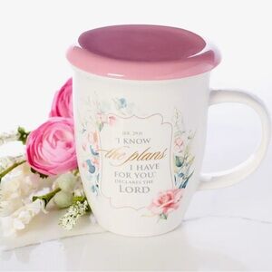 Floral Pink Ceramic Mug with Lid - Inspirational Scripture Design